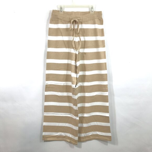 Comfy High Waist Wide Leg Knit Lounge Pants Tan White Striped Women M - Picture 2 of 14
